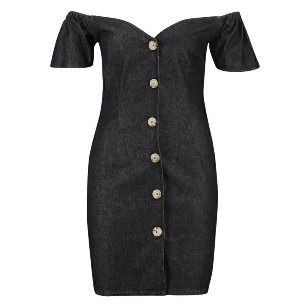 EC BOOHOO BLACK LINEN BLEND OFFโSHOULDERโSWEETHEARTโCUTโDRESSโSZ.โ10
